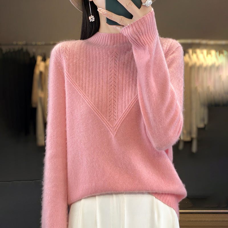 Women's Loose Mohair Blend Sweater with Textured V Panel and Stand Collar Mune Fashion