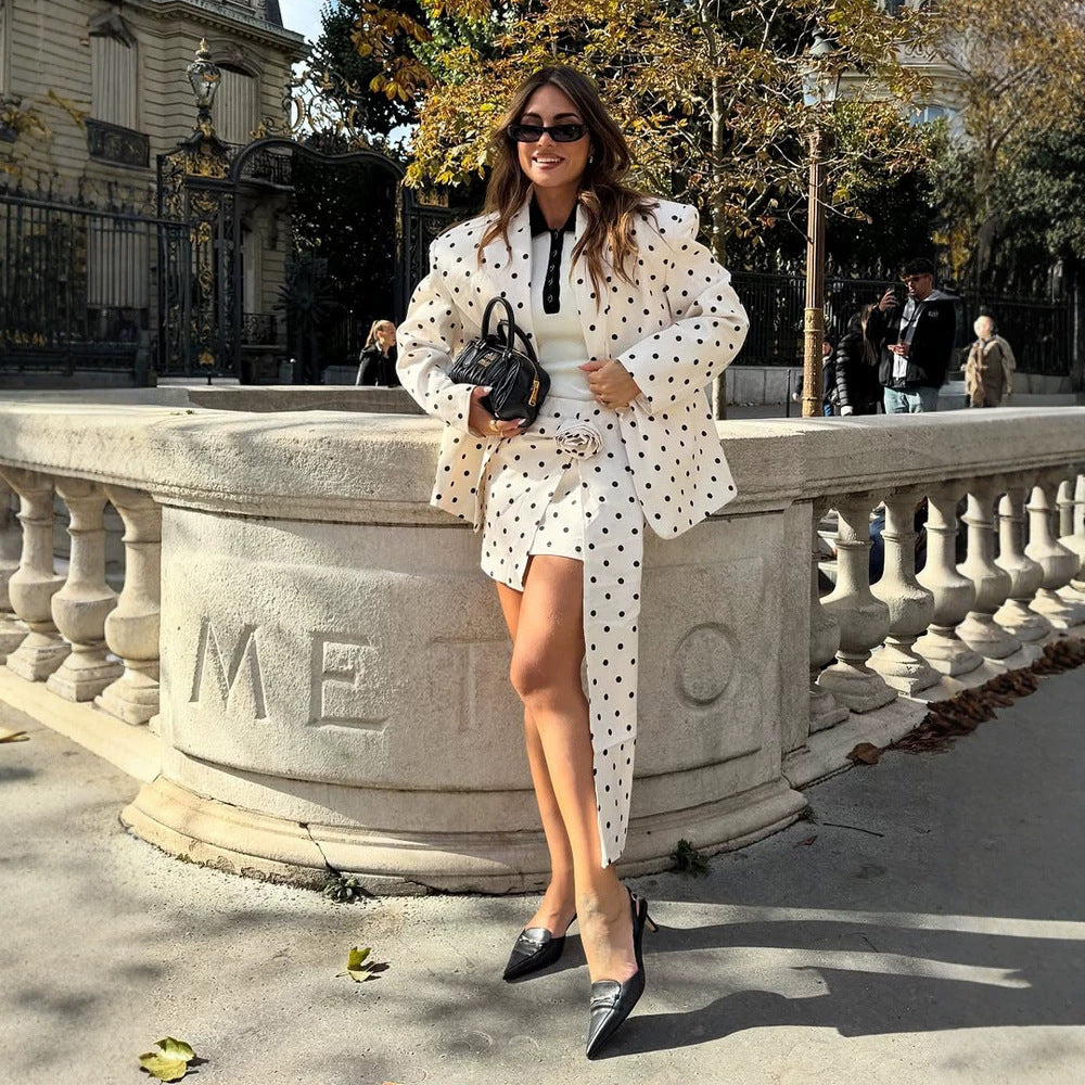 Ladies Two-Piece Blazer and Wrap Mini Skirt Set with Dots and Decorative Bow Mune Fashion