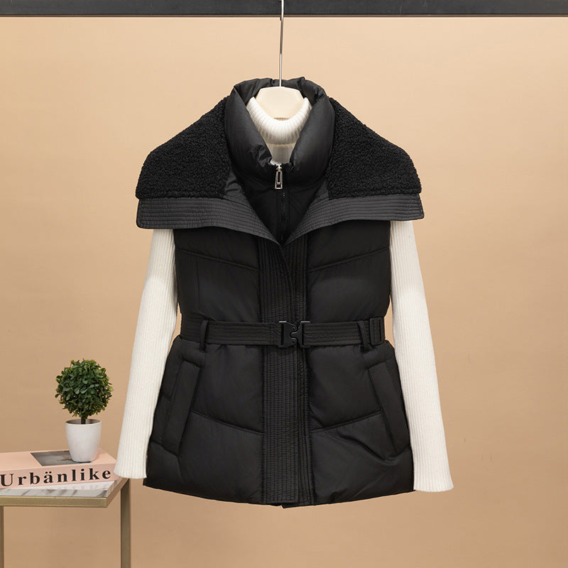 Women's non-padded quilted vest with knitted sleeves and teddy collar, tailored belt Mune Fashion
