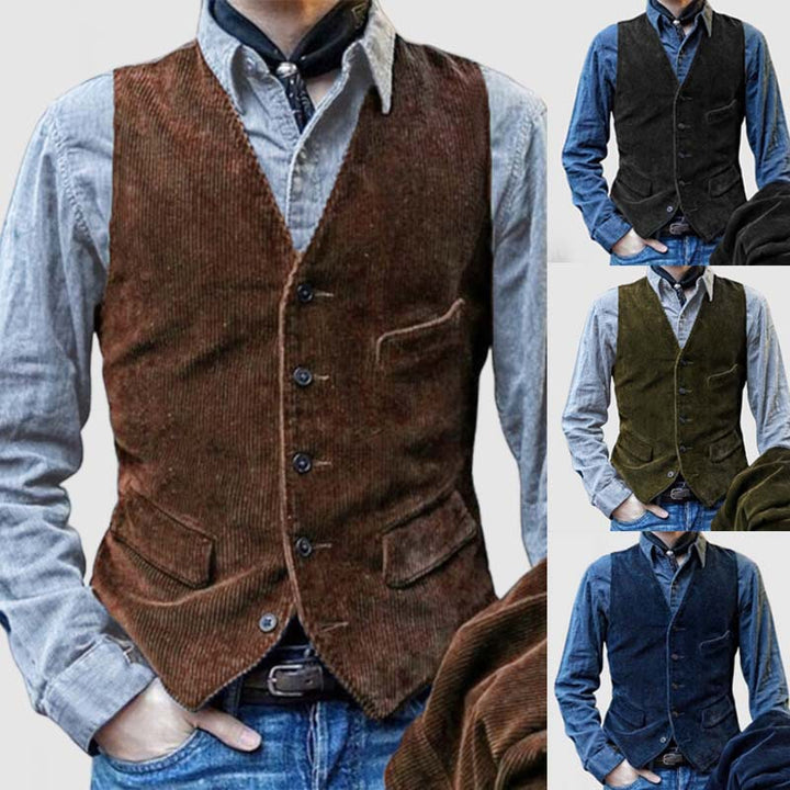 Men's cord waistcoat with V-neck, button placket, and piped patch pockets Mune Fashion