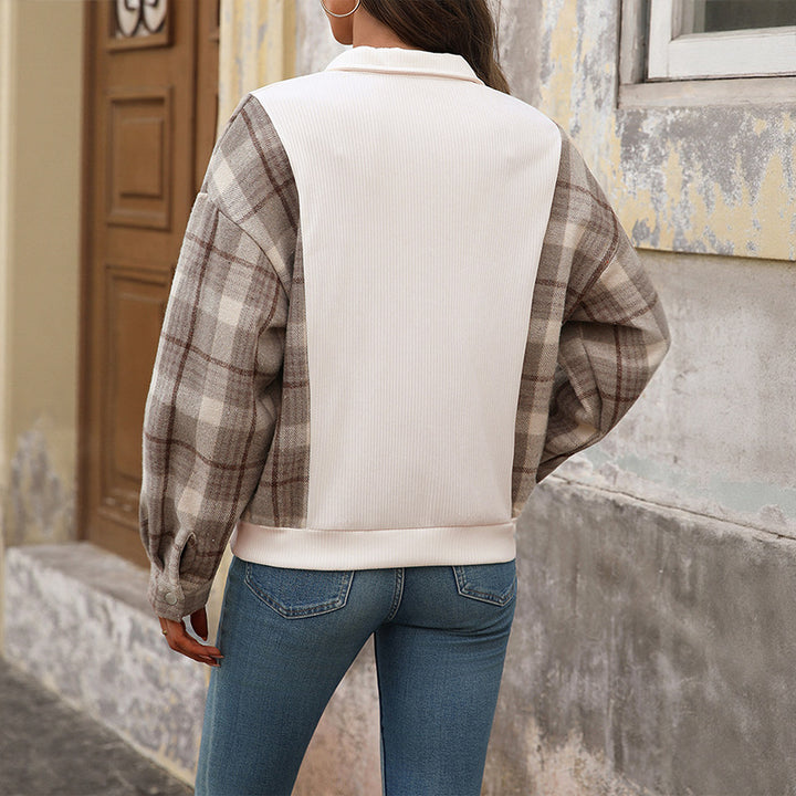 Women's sweatshirt with stand-up collar, snap button placket and checkered flannel sleeves Mune Fashion