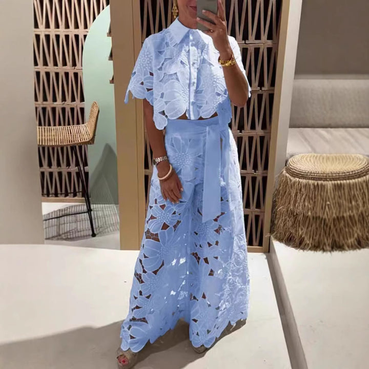 Ladies two-piece lace ensemble with crop top and wide palazzo pants Mune Fashion