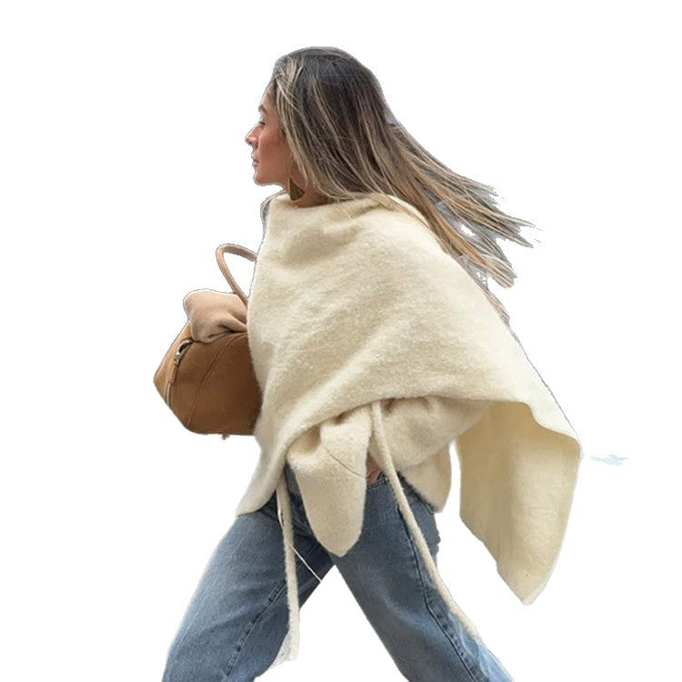 Women's Oversized Wool Mix Poncho with Asymmetrical Fall and Ties Mune Fashion
