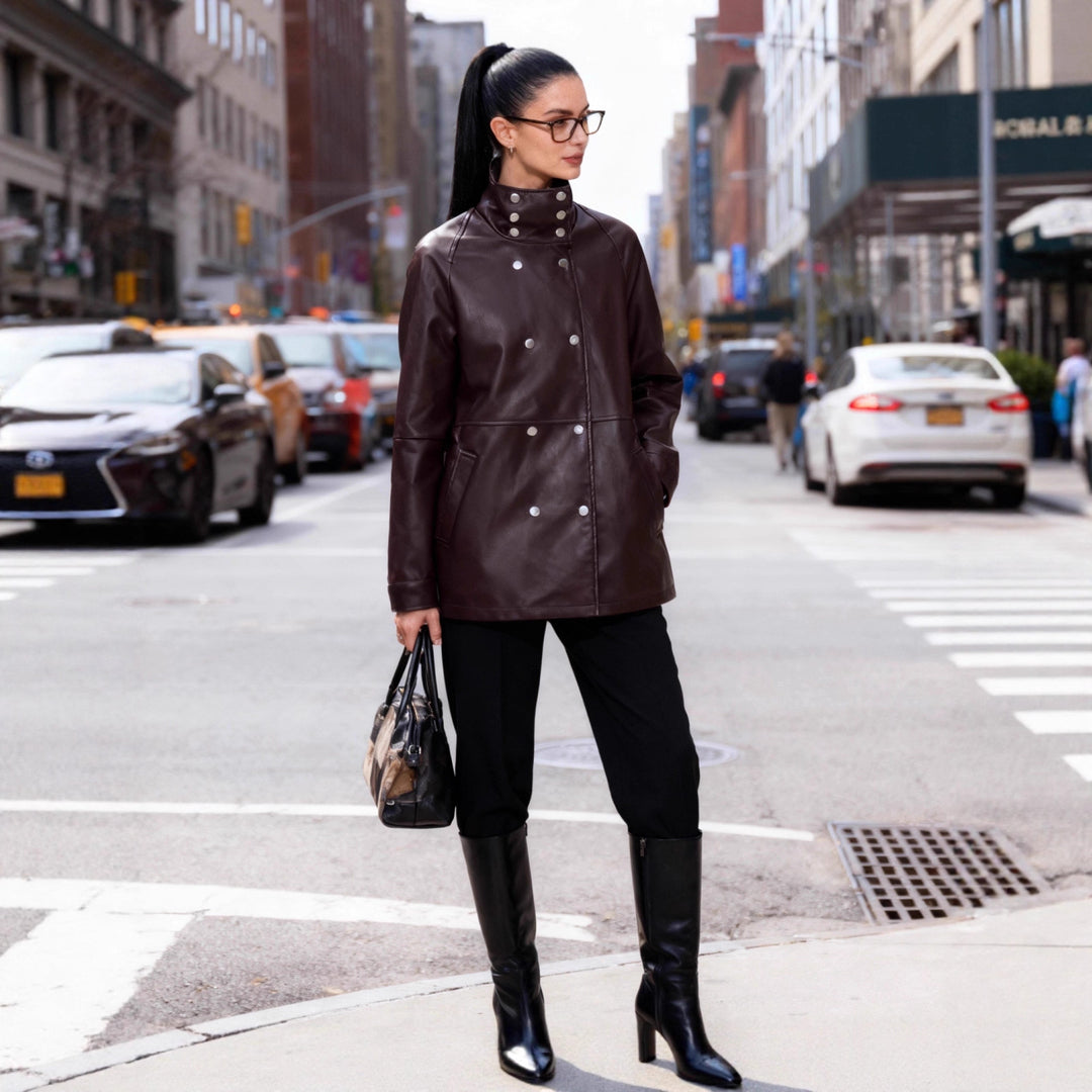 Women's Mid-Length Faux Leather Coat with High Stand-Up Collar and Double-Breasted Snap Buttons Mune Fashion