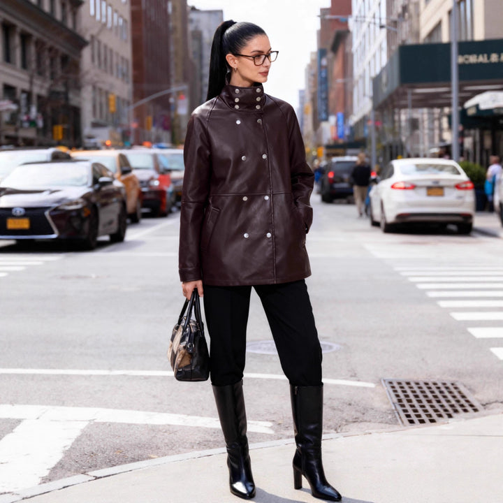 Women's Mid-Length Faux Leather Coat with High Stand-Up Collar and Double-Breasted Snap Buttons Mune Fashion