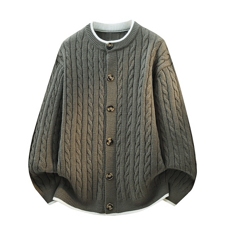 Women Oversize Cable Knit Cardigan with Round Neck, Wooden Button Placket & Contrast Trim Mune Fashion