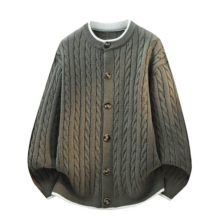 Women Oversize Cable Knit Cardigan with Round Neck, Wooden Button Placket & Contrast Trim Mune Fashion