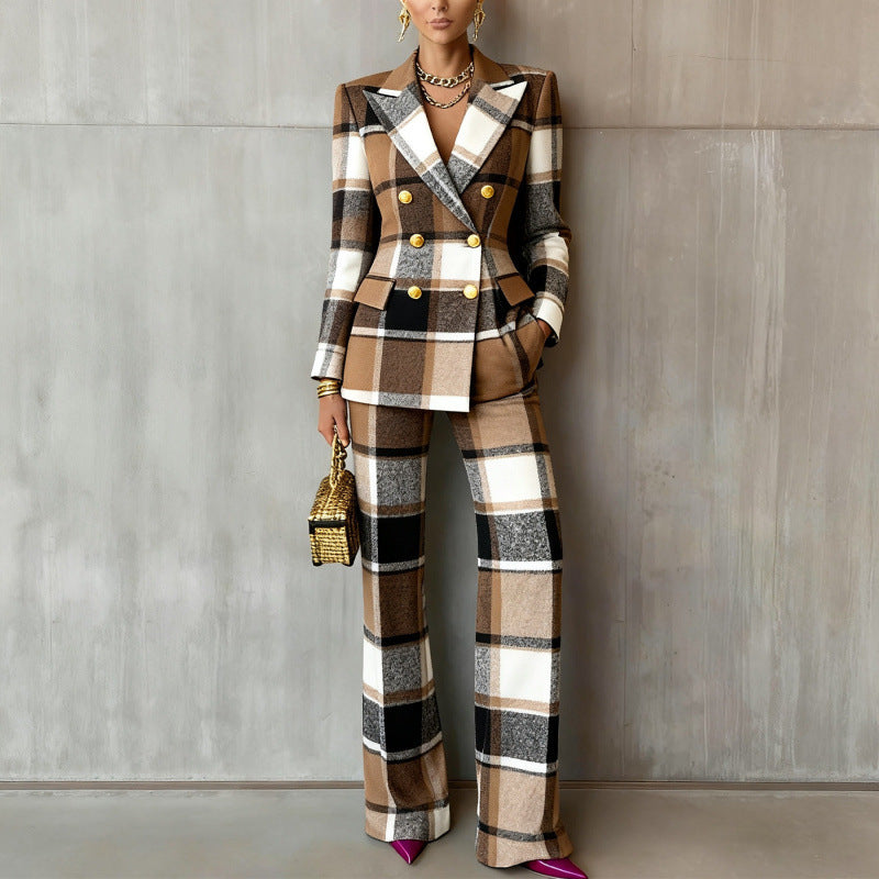 Women’s check suit in two-piece with tailored double-breasted and wide leg Mune Fashion