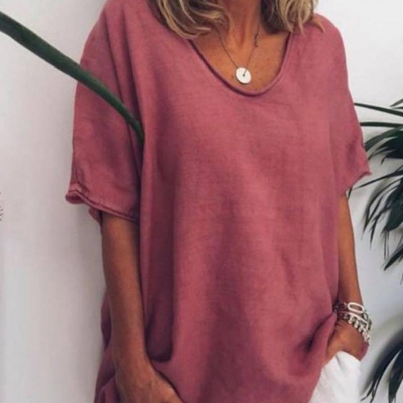 Women's loose linen blend tunic with dropped shoulder and rounded hem Mune Fashion