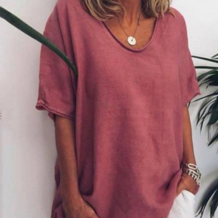 Women's loose linen blend tunic with dropped shoulder and rounded hem Mune Fashion