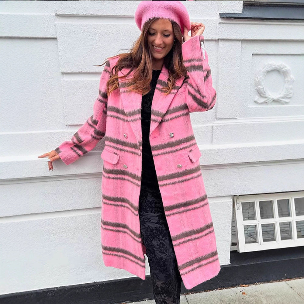 Women Mid-length checkered wool blend coat with double-breasted button placket and shawl collar Mune Fashion