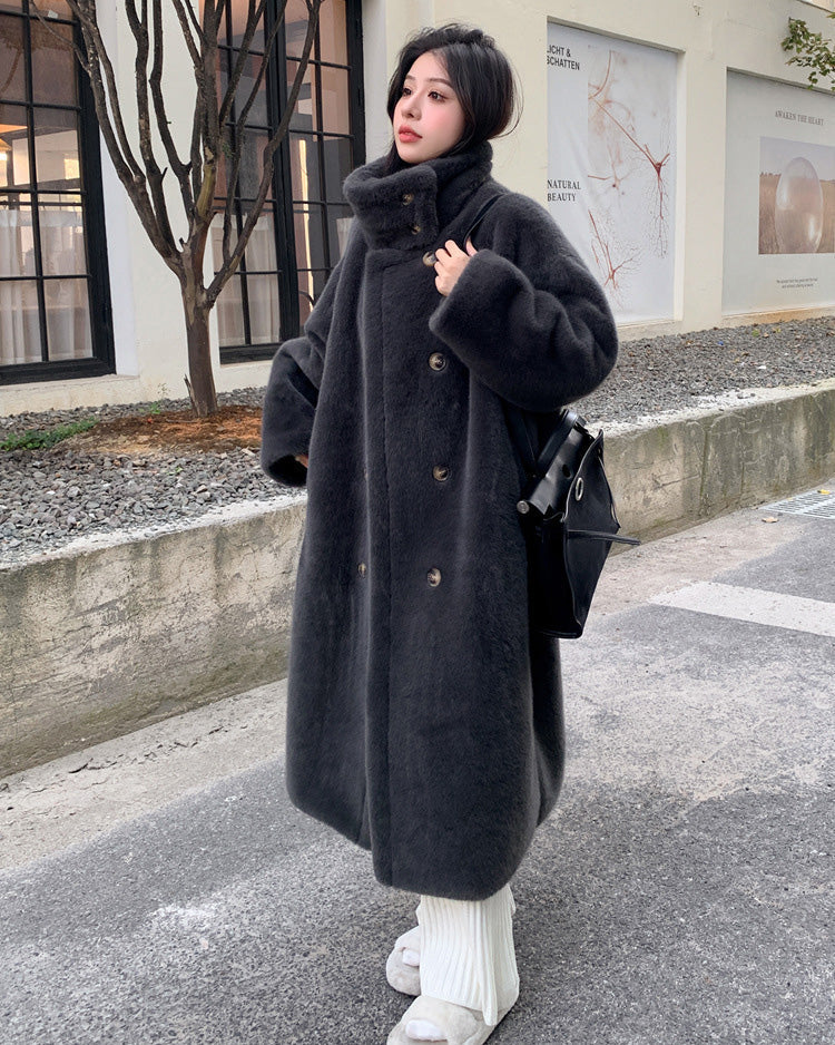 Mune | Collars Double Breasted Faux Mink Fur Long Coat