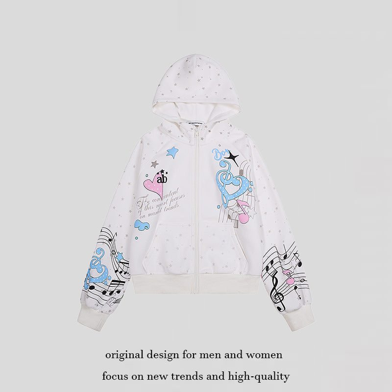 Women's Hooded Sweat Jacket with Front Zipper, Musical Print and Star Design Mune Fashion