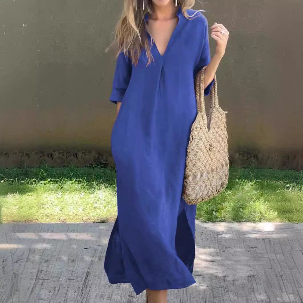 Women's Casual Maxi Dress with Concealed V-Neck Mune Fashion