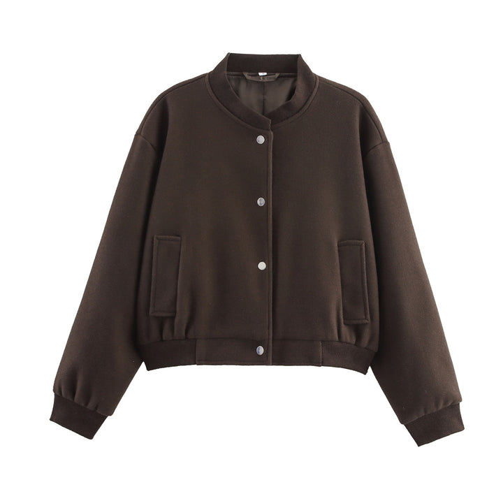Women's Short Oversized College Jacket in Wool Blend with Snap Button Closure, Side Pockets and Ribbed Cuffs Mune Fashion