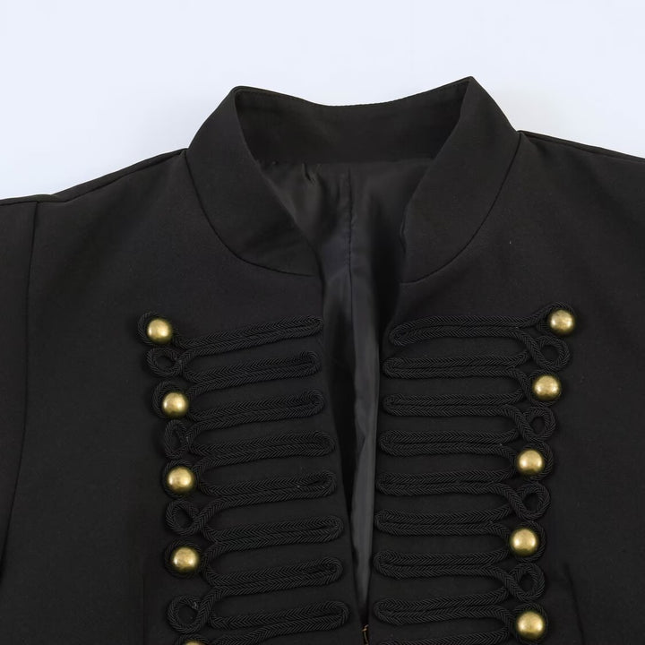 Women's short jacket in military style with stand-up collar and decorative frog detail Mune Fashion