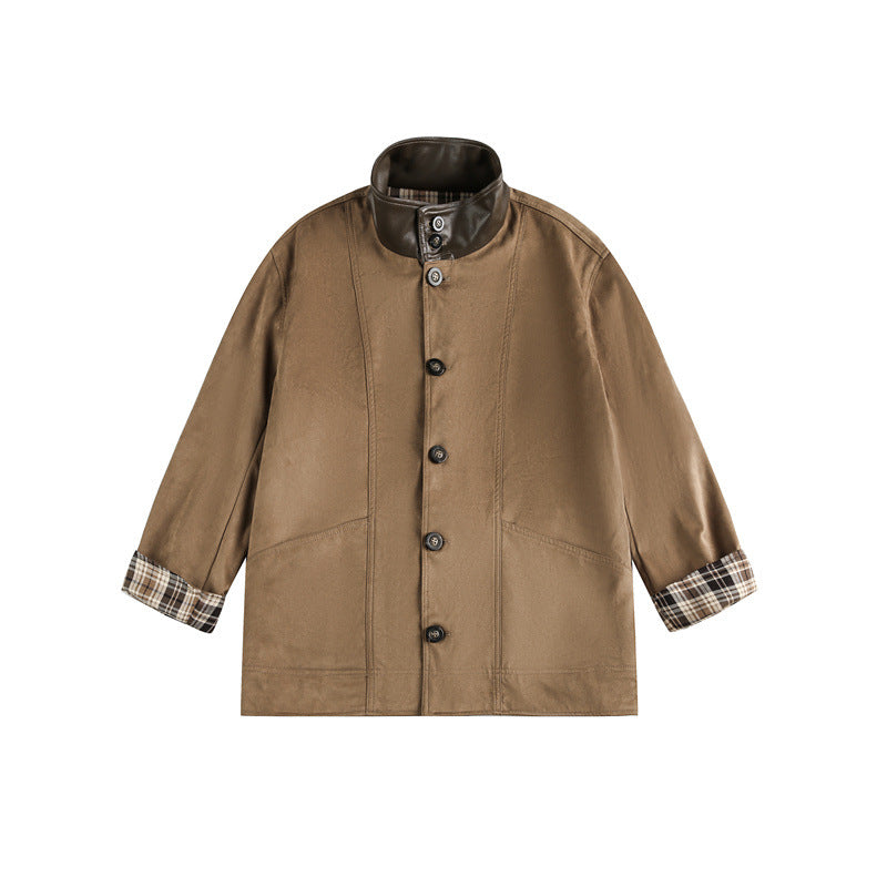 Men's short-cut field blouson in vintage workwear style with faux leather stand-up collar and checked inner lining Mune Fashion