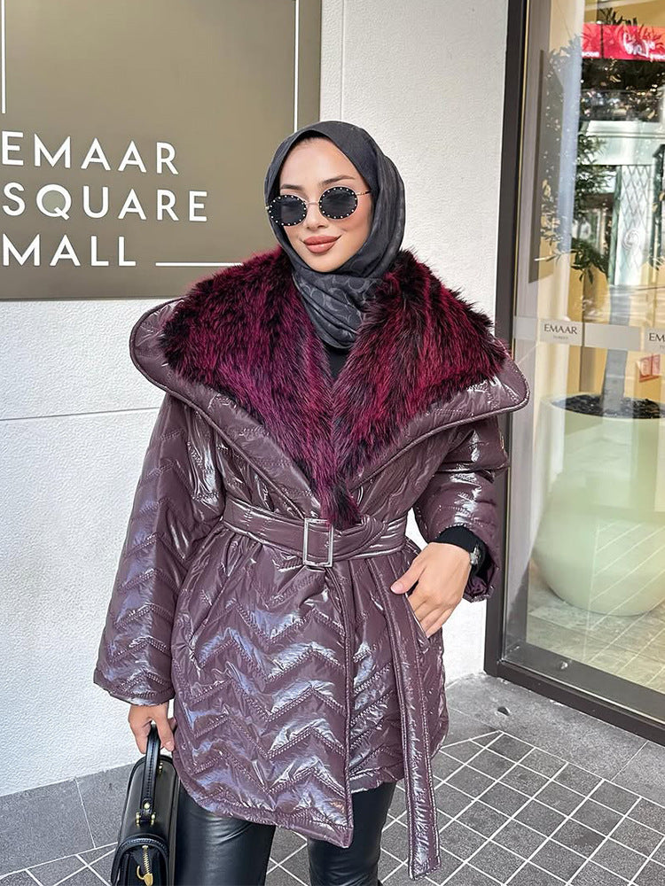 Ladies Shiny Padded Jacket with Waist Belt and Voluminous Faux Fur Collar Mune Fashion