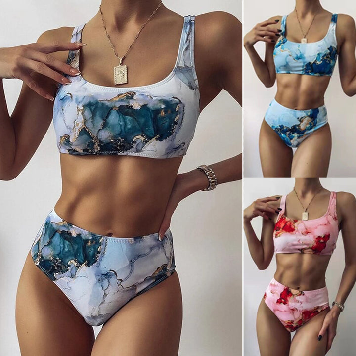 Women's High-Cut Bikini Set with Stylish Marble Print Mune Fashion