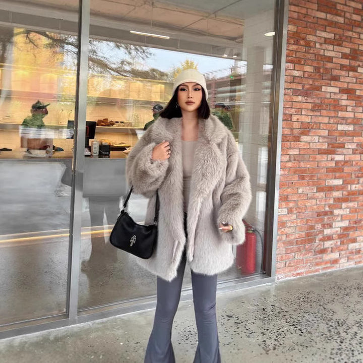 Women Short Fluffy Coat with Oversized Silhouette, Voluminous Shawl Collar and Medium Length Mune Fashion