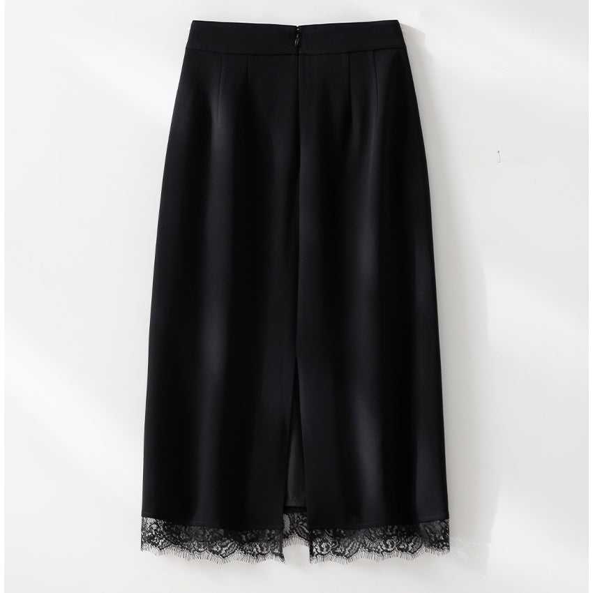 Ladies midi skirt made of satin with lace trim and side pockets Mune Fashion