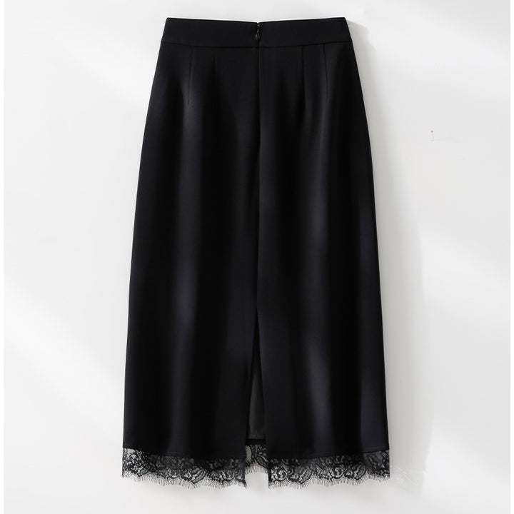 Ladies midi skirt made of satin with lace trim and side pockets Mune Fashion