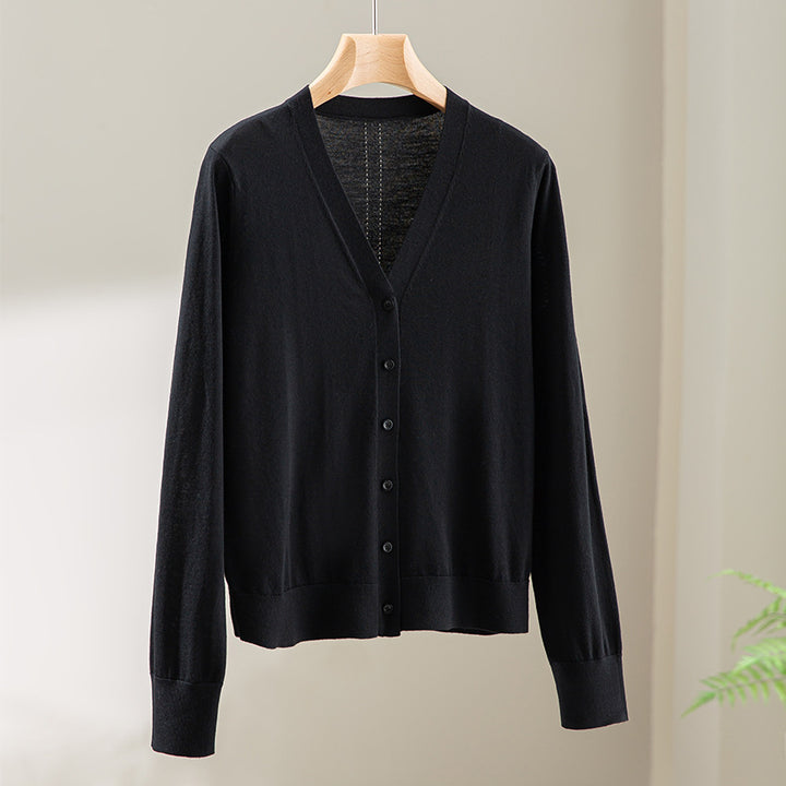 Women's fine-knit cardigan with V-neck, button placket, and ribbed cuffs Mune Fashion