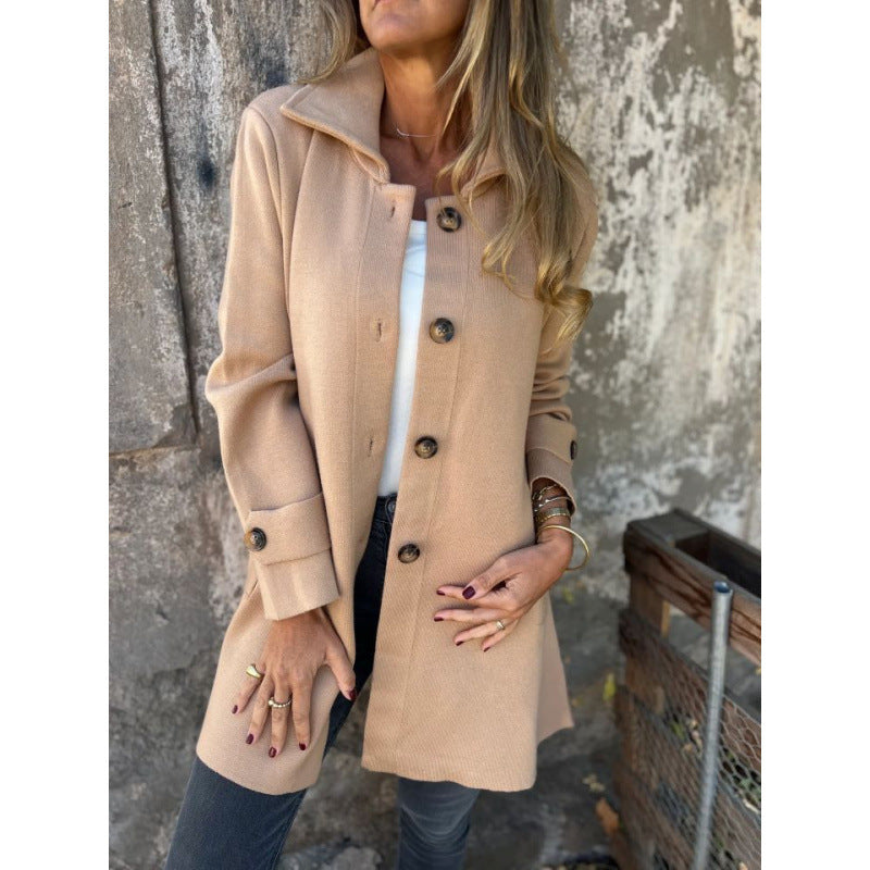 Women's lightweight flared knitted coat with button placket and stand-up collar Mune Fashion