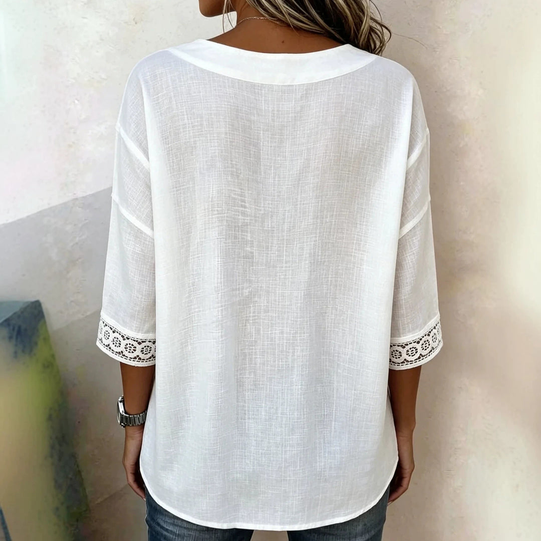 Ladies Light V-Neck Blouse with Decorative Button Placket and Lace Trim Sleeves Mune Fashion