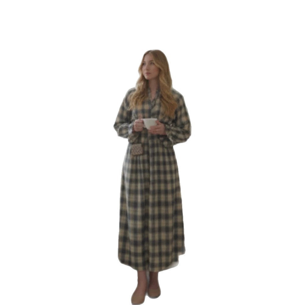 Ladies Max Dress in Checked Button-Up Blouse Style with Waist Belt and Ruffled Cuffs Mune Fashion