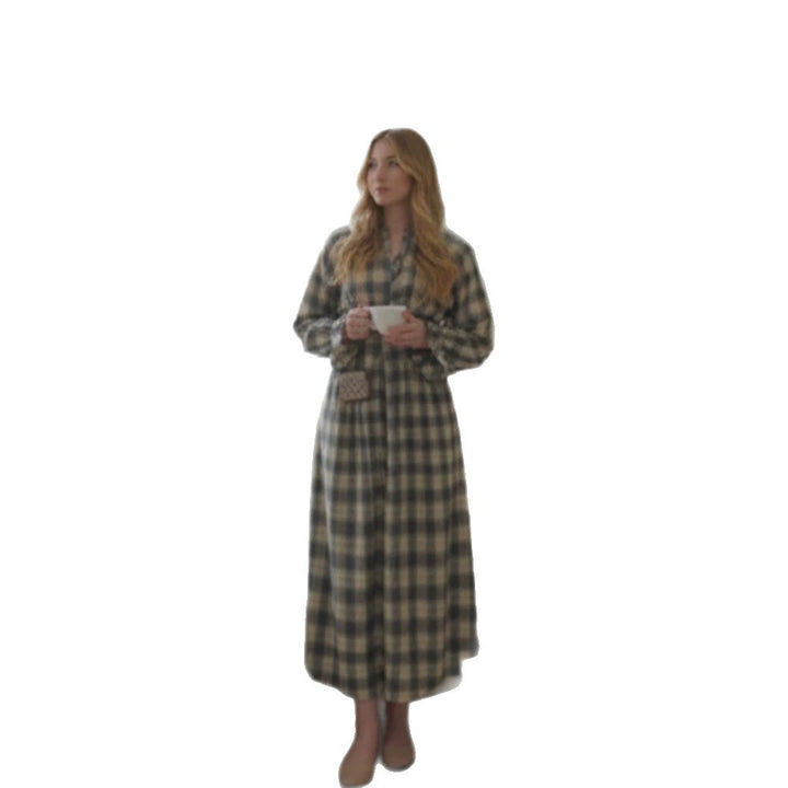 Ladies Max Dress in Checked Button-Up Blouse Style with Waist Belt and Ruffled Cuffs Mune Fashion