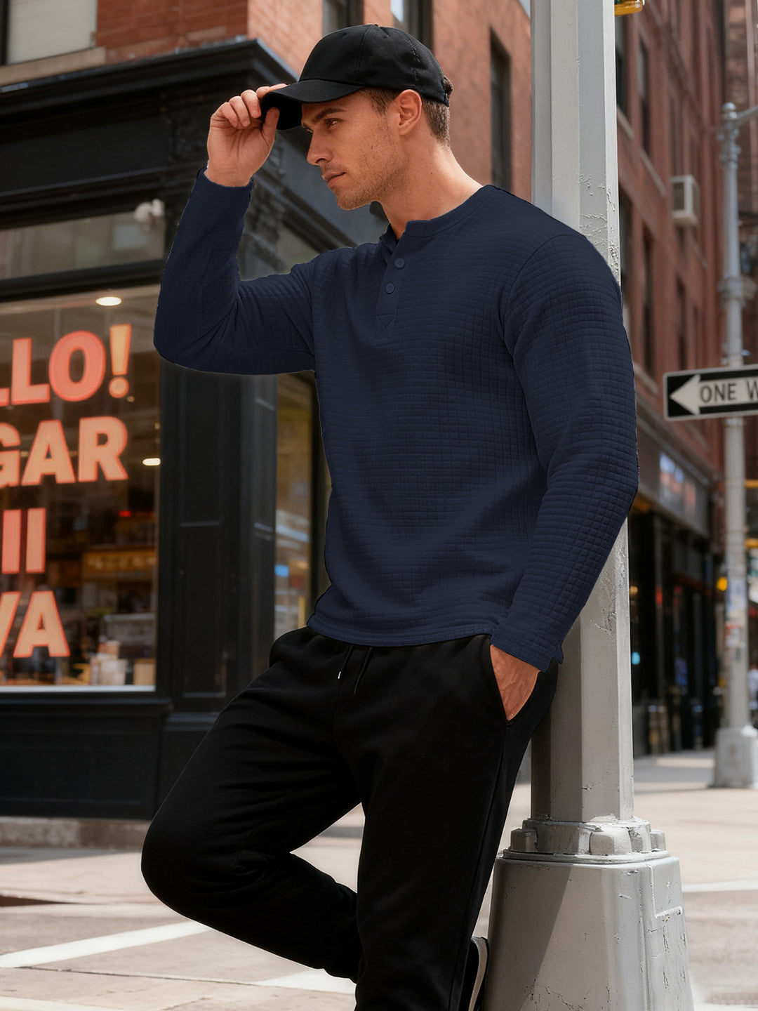 Men's structured Henley long sleeve shirt made of waffle knit with stand-up collar and narrow silhouette Mune Fashion