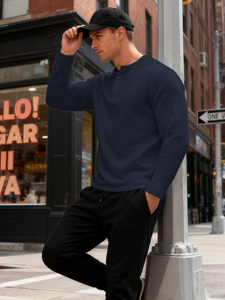 Men's structured Henley long sleeve shirt made of waffle knit with stand-up collar and narrow silhouette Mune Fashion