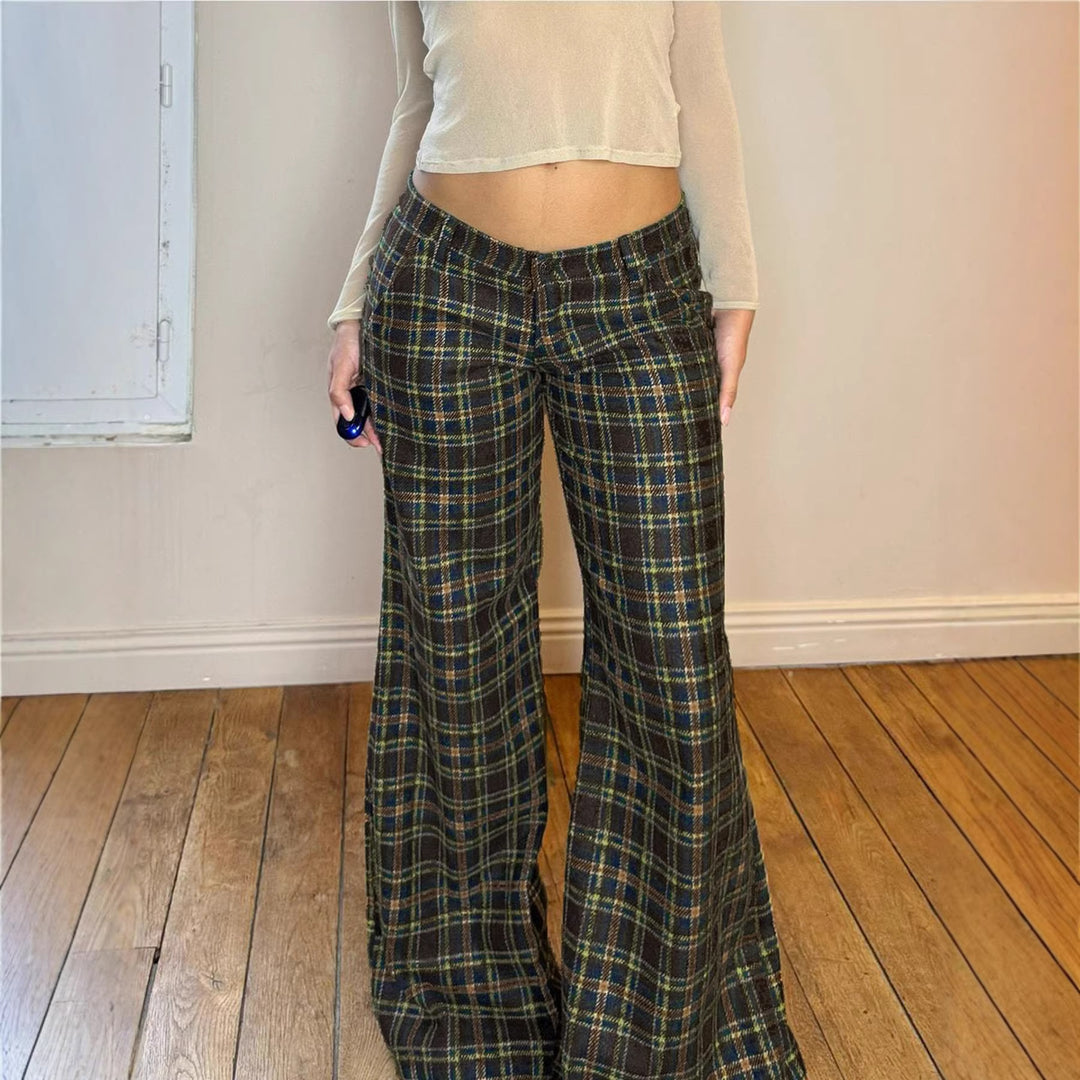 Women's Checkered Flared Trousers with Flared Leg and Tailored Waist Mune Fashion