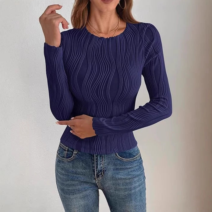 Women's form-fitting ribbed long sleeve with wave detail and round neckline Mune Fashion