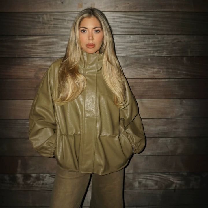 Women Boxy Faux Leather Jacket with High Stand-Up Collar, Drawstring Waist and Balloon Sleeves Mune Fashion
