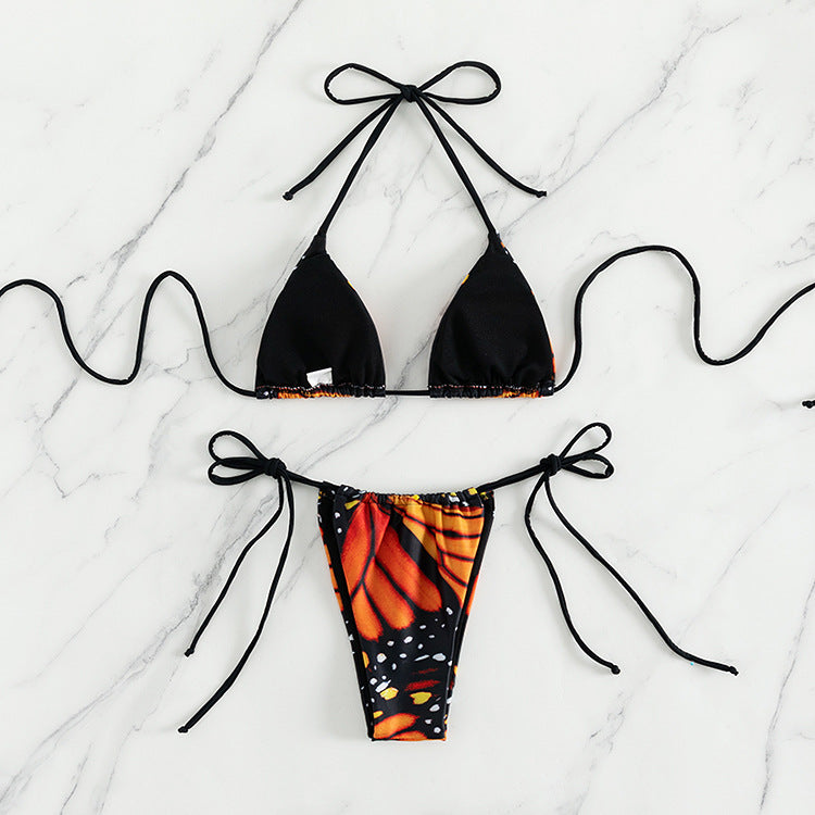 Women's triangle bikini with colorful butterfly pattern and adjustable tie straps Mune Fashion