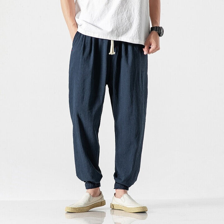 Men's Casual Linen Blend Jogging Pants with Drawstring, Ribbed Textured Fabric and Elastic Cuffs Mune Fashion