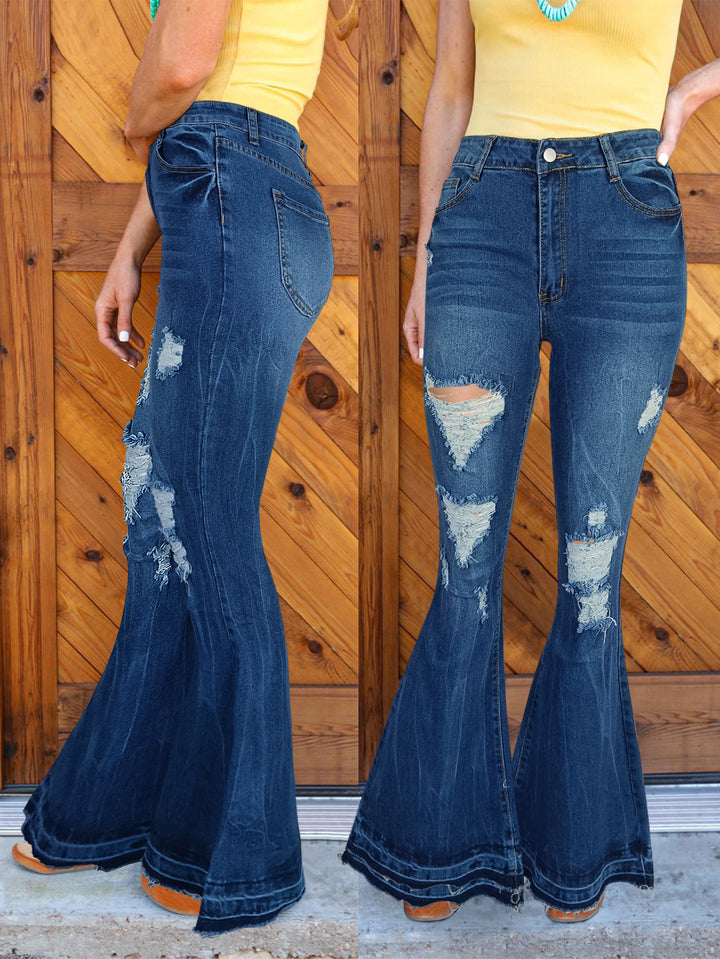 Women's Retro Flared Jeans with High Waist, Destroyed Details and Sculpting Stretch Waistband Mune Fashion