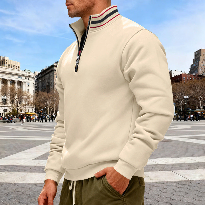 Men's standing collar half-zip sweatshirt made of cotton fleece with contrast stripes on the collar and ribbed cuffs Mune Fashion