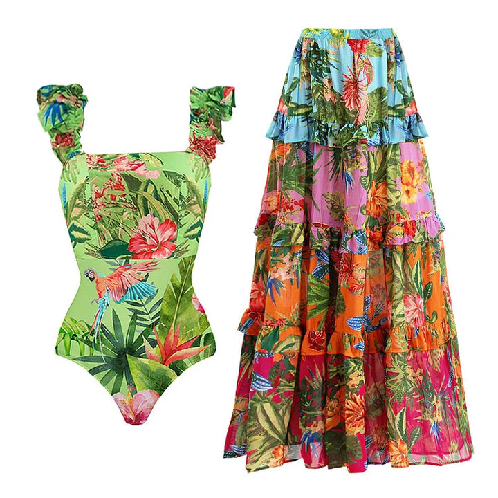 Women’s One-Piece Swimsuit with Floral Pattern and Ruffle Details Mune Fashion