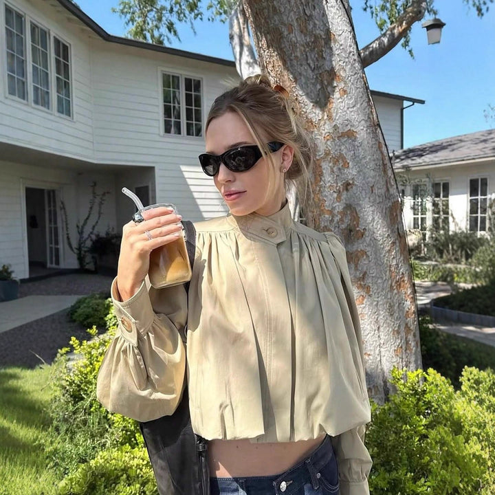 Women's Voluminous Cropped Blouse with Stand Collar, Gatherings and Elastic Hem Mune Fashion