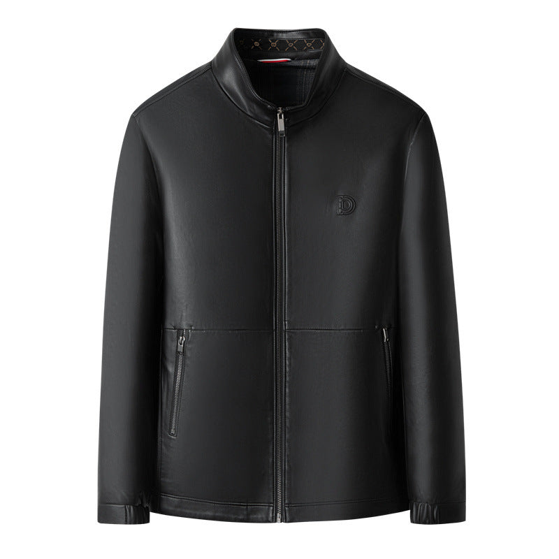 Men's Smooth Leather Look Blouson with Stand-Up Collar, Concealed Zipper and Zipper Pockets Mune Fashion