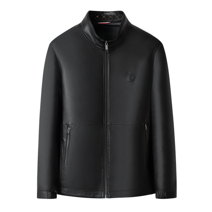 Men's Smooth Leather Look Blouson with Stand-Up Collar, Concealed Zipper and Zipper Pockets Mune Fashion