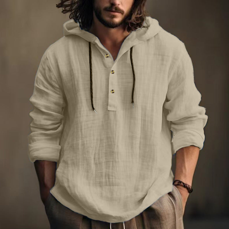 Men's lightweight hooded Henley linen shirt with button placket and drawstring Mune Fashion
