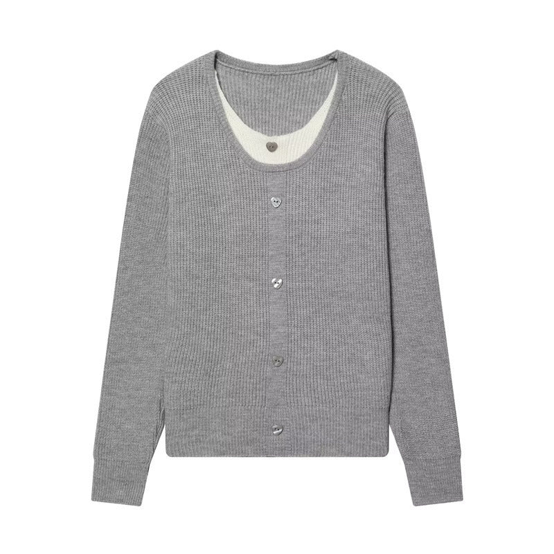 Women's two-layer fine knit cardigan with integrated under top and heart buttons Mune Fashion