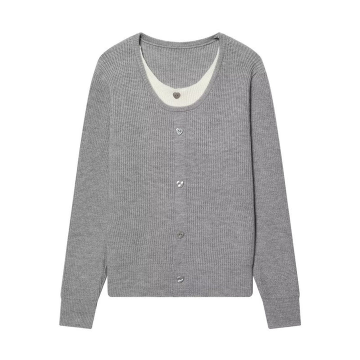 Women's two-layer fine knit cardigan with integrated under top and heart buttons Mune Fashion