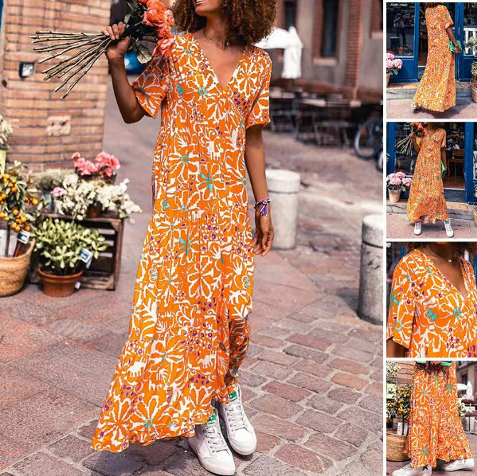 Women’s ankle-length V-neck maxi dress with graphic ethnic print, short sleeves and flared ruffle hem Mune Fashion