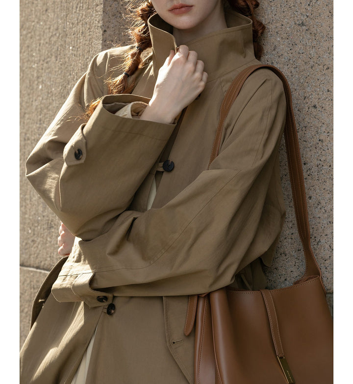 Women Lightweight Oversize Trench Coat with High Stand Collar, Adjustable Cuffs & Tied Belt Mune Fashion