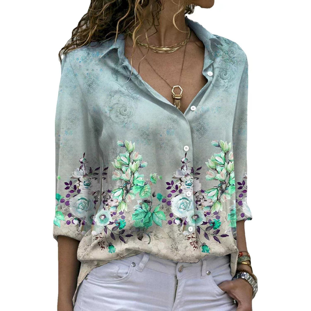Women’s floral V-neck button blouse with loose fit and rolled sleeves Mune Fashion